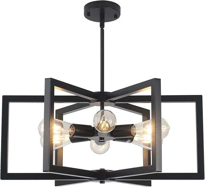 Modern Farmhouse Chandelier, 23.6'' Large Black Chandelier Light Fixture Industrial Geometric Chandeliers for Dining Room Entryway Living Room Kitchen (6 Lights, E26)