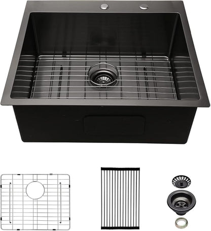 25 Black Drop In Kitchen Sink - Beslend 25”x22”x10” Stainless Steel Gunmetal Black Topmount 16 Gauge 10 Inch Deep Single Bowl Kitchen Sink