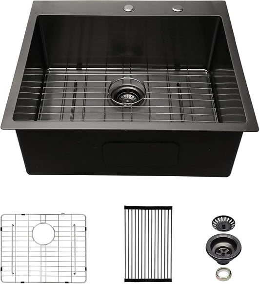 25 Black Drop In Kitchen Sink - Beslend 25”x22”x10” Stainless Steel Gunmetal Black Topmount 16 Gauge 10 Inch Deep Single Bowl Kitchen Sink