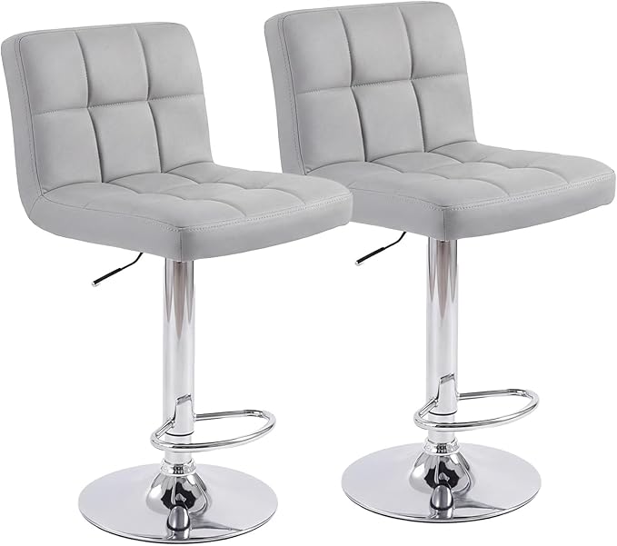 DUMOS Bar Stools Set of 2, 24 inch Counter Height Bar Stools, Upholstered Modern Kitchen Barstools with Metal Base, PU Leather Saddle Stools for Kitchen Island, Grey