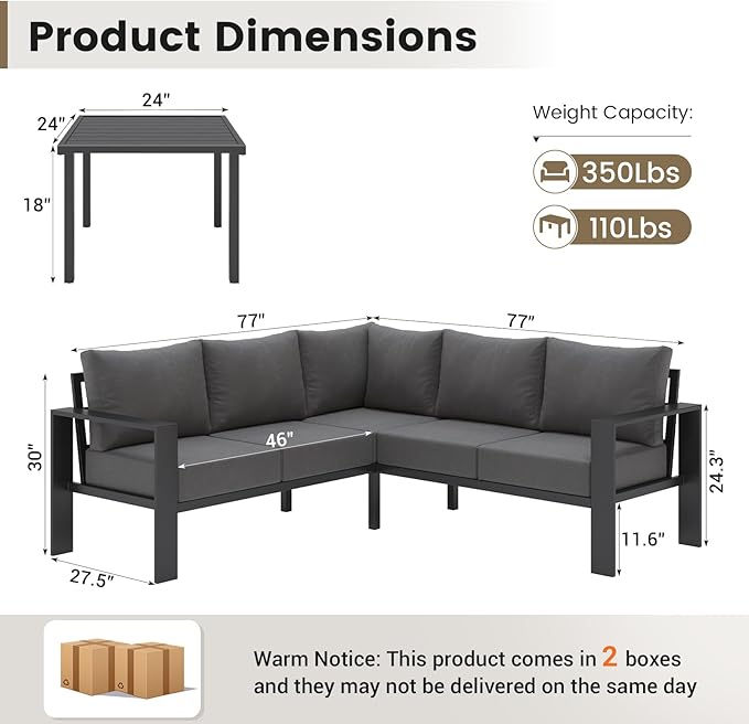 UDPATIO 6 Piece Patio Furniture Set, Metal Outdoor Sectional Sofa with 6" Thick Olefin Cushions, Wide Armrest & Coffee Table, L Shaped Outdoor Furniture for Garden, Backyard Dark Grey