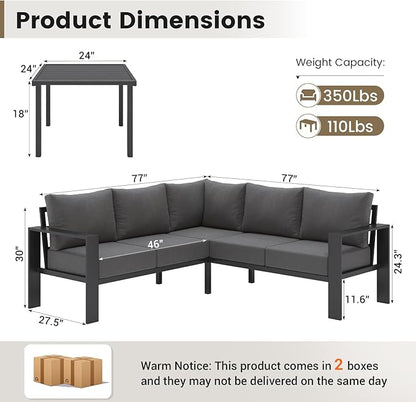 UDPATIO 6 Piece Patio Furniture Set, Metal Outdoor Sectional Sofa with 6" Thick Olefin Cushions, Wide Armrest & Coffee Table, L Shaped Outdoor Furniture for Garden, Backyard Dark Grey