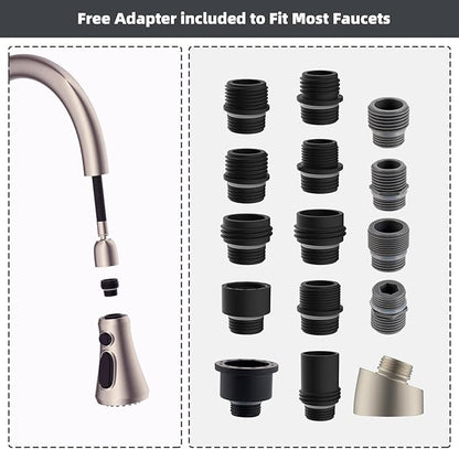 Hibbent Pull Down Spray Head for Kitchen Faucet, NSF/ANSI/CAN 61 & CUPC Certified 3-Function Spray Nozzle, 15 Adapters, Sink Faucet Head Replacement Compatible with Moen, Delta, Kohler, Brushed Nickel