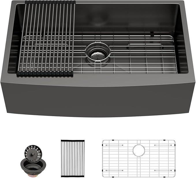 Sarlai 33 Black Farmhouse Kitchen Sink - 33 Inch Kitchen Sink Gunmetal Black Stainless Steel 16 gauge Apron Front Sink Deep Single Bowl Farm Sink
