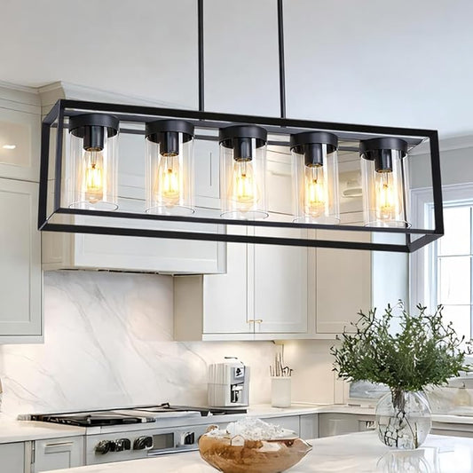 Modern 5-Light Black Rectangular Farmhouse Chandeliers, Linear Dining Room Light Fixture with Clear Glass Shades, Kitchen Island Lighting Fixtures over Table Ceiling Hanging Pendant Lights