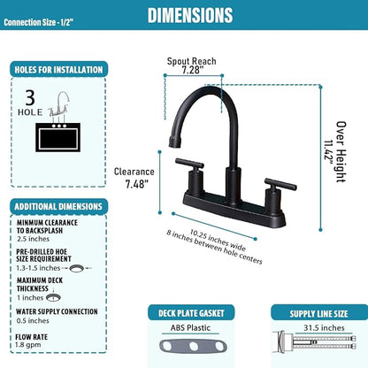 3 Hole Kitchen Faucet, Matte Black Two Handles Kitchen Faucet, RV Kitchen Sink Faucet, 3 Hole or 4 Holel Faucet for Kitchen Sink,TDLKF024W-B