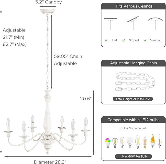 Farmhouse Chandeliers for Dining Room, 6-Light Distressed White French Country Chandelier, Vintage Wood Rustic Chandelier Hanging Light Fixture for Bedroom Living Room Foyer Entryway