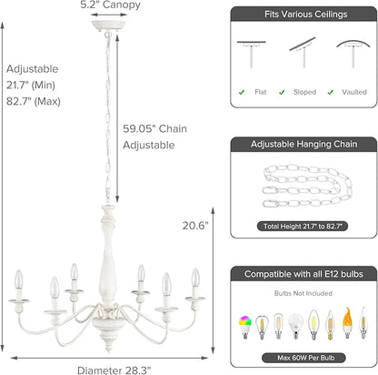 Farmhouse Chandeliers for Dining Room, 6-Light Distressed White French Country Chandelier, Vintage Wood Rustic Chandelier Hanging Light Fixture for Bedroom Living Room Foyer Entryway