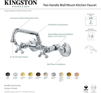 Kingston Brass KS213MB Kingston Two Handle Wall Mount Kitchen Faucet, Matte Black