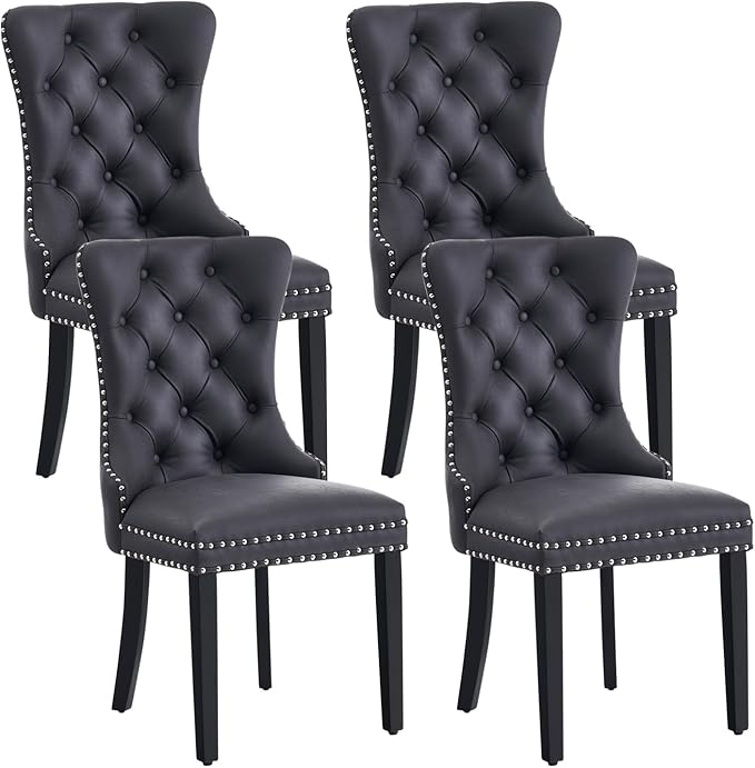Eifizek Leather Dining Chair Set of 4, Dining Room Chairs with Nailhead Ring Pull Trim, Upholstered Dining Chairs with Solid Wood Legs for Kitchen Dining Room (Black)