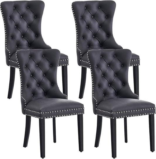 Eifizek Leather Dining Chair Set of 4, Dining Room Chairs with Nailhead Ring Pull Trim, Upholstered Dining Chairs with Solid Wood Legs for Kitchen Dining Room (Black)