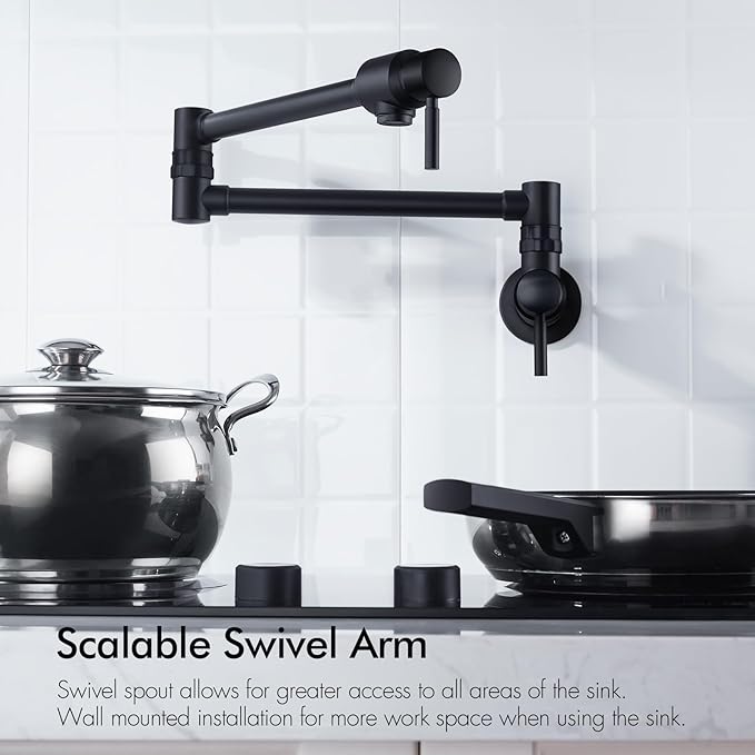 BAGNOLUX Pot Filler Faucet, Wall Mount Pot Filler Commercial Brass Kitchen Faucet Cold Water Only Double Lever Handle with Dual Joint Swing Arm Brass Stove Faucet, Matte Black, 23.4''
