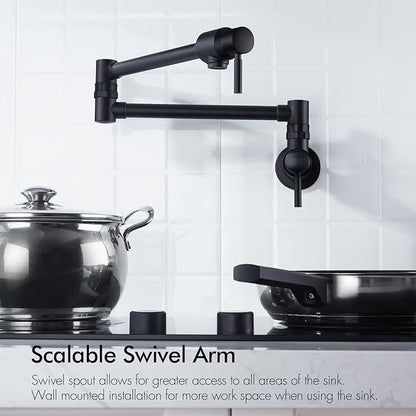 BAGNOLUX Pot Filler Faucet, Wall Mount Pot Filler Commercial Brass Kitchen Faucet Cold Water Only Double Lever Handle with Dual Joint Swing Arm Brass Stove Faucet, Matte Black, 23.4''