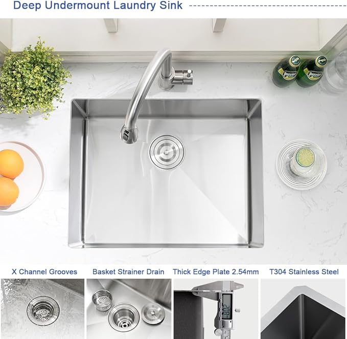 24 Inch Undermount Laundry Sink-Hovheir 24x19x12 Inch Stainless Steel Utility Sink 16 Gauge Stainless Steel Undermount Single Bowl Deep Laundry Room Sinks Outdoor with Bottom Grid