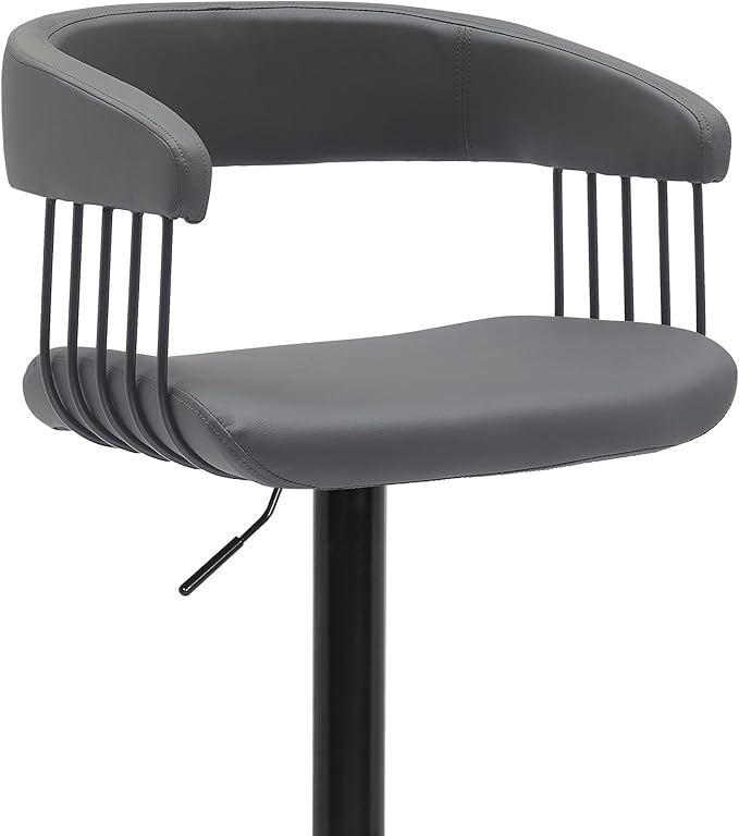 Armen Living Calista Adjustable Height Mid Century Modern Swivel Bar Stool for Kitchen Island Counter in Gray Faux Leather with Black Metal
