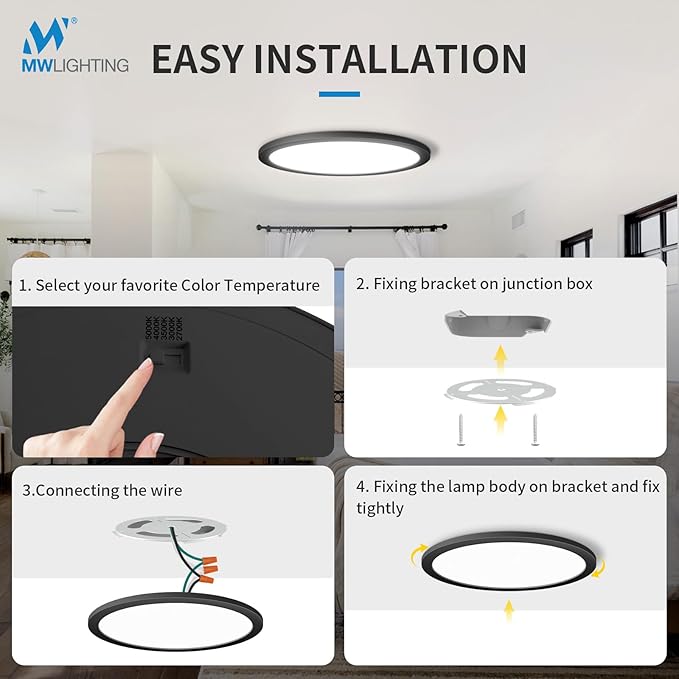mw LED Flush Mount Ceiling Light, 24 Inch Round Black Ceiling Lights, 48W 120V 5CCT, 24in Dimmable LED Light Fixture for Bedroom, Kitchen, Hall