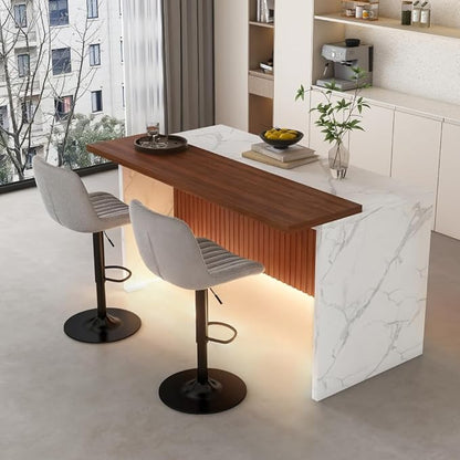 63 Inch Kitchen Island with 4 Deep Brown Bar Stools – White Marble Countertop, Integrated LED Lighting & Grille Design, Multi-Functional Breakfast Bar for Dining Rooms, (White+2grey)
