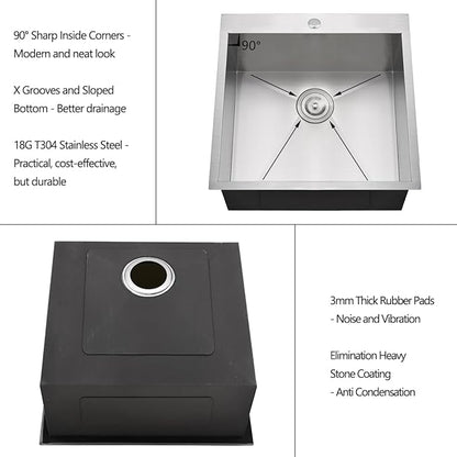 21 Stainless Steel Drop In Kitchen Bar Sink, Luckyhorse 21” x 21” x 10” 18 Gauge Stainless Steel Topmount Kitchen Outdoor Sink LH033L