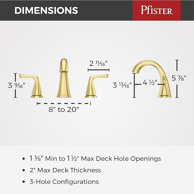 Pfister Willa Bathroom Sink Faucet 8 in Widespread 3 Hole Double Handle Brushed Gold Finish NSF Certified Push & Seal Drain TiteSeal Technology Vanity Faucet LF049MALBG