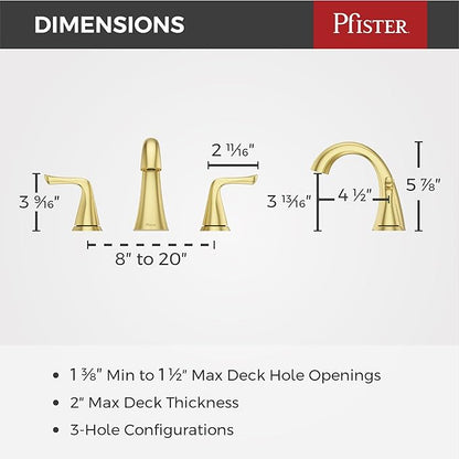 Pfister Willa Bathroom Sink Faucet 8 in Widespread 3 Hole Double Handle Brushed Gold Finish NSF Certified Push & Seal Drain TiteSeal Technology Vanity Faucet LF049MALBG