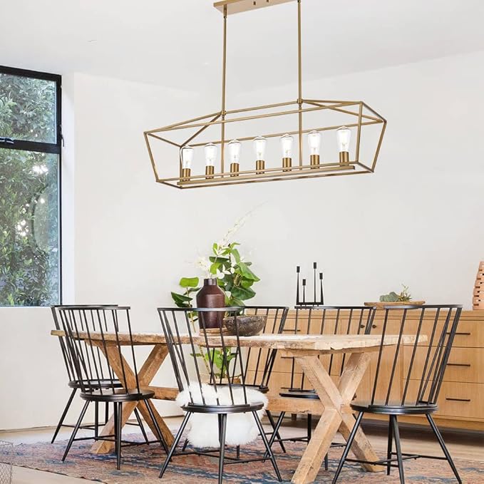 VINLUZ Gold Chandelier, Modern 7 Lights Metal Light Fixture for Dining Room Farmhouse Metal Kitchen Island Lighting Large Rectangle Hanging Pendant Lighting for Living Room Foyer Bedroom