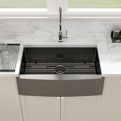 Sarlai 33 Black Farmhouse Kitchen Sink - 33 Inch Kitchen Sink Gunmetal Black Stainless Steel 16 gauge Apron Front Sink Deep Single Bowl Farm Sink