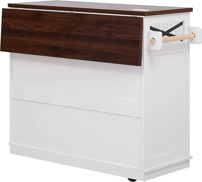Ball & Cast Farmhouse Kitchen Island with Drape of Beads & Power Outlet, Rolling Kitchen Cart on 5 Wheels, 3 Drawers, Internal Iron Shelf & Towel Rack, for Kitchen & Dining Room, White