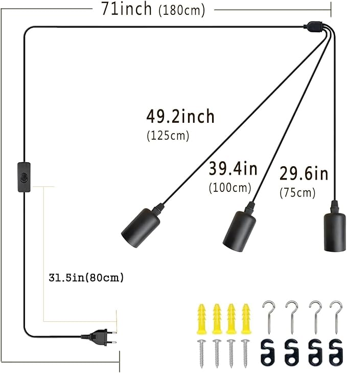 3 Light Plug in Pendant Light, 10ft Black Hanging Lights Cord with On/Off Switch, E26 Vintage Industrial Hanging Lamp Fixtures for Kitchen Island Farmhouse, Bulb Not Included