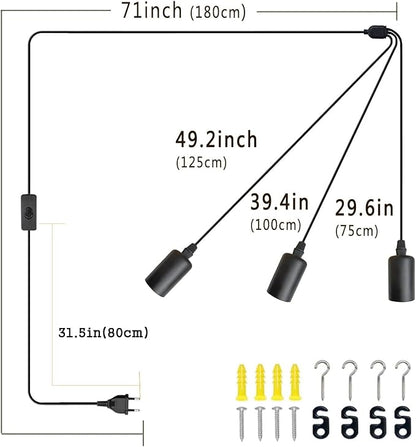 3 Light Plug in Pendant Light, 10ft Black Hanging Lights Cord with On/Off Switch, E26 Vintage Industrial Hanging Lamp Fixtures for Kitchen Island Farmhouse, Bulb Not Included