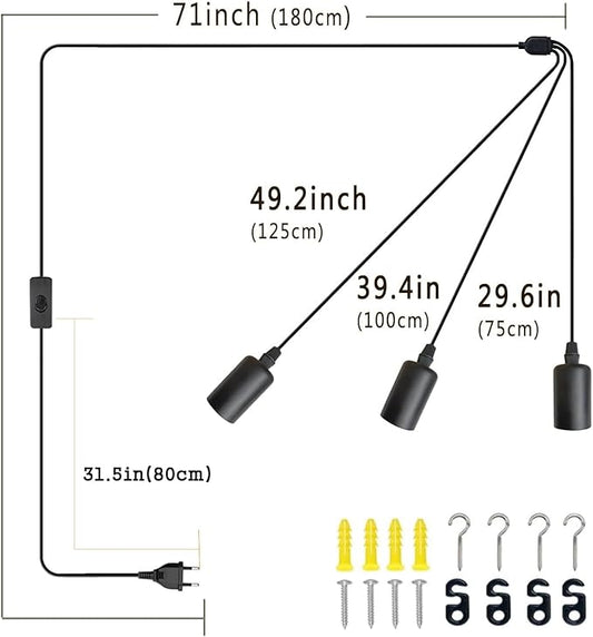 3 Light Plug in Pendant Light, 10ft Black Hanging Lights Cord with On/Off Switch, E26 Vintage Industrial Hanging Lamp Fixtures for Kitchen Island Farmhouse, Bulb Not Included