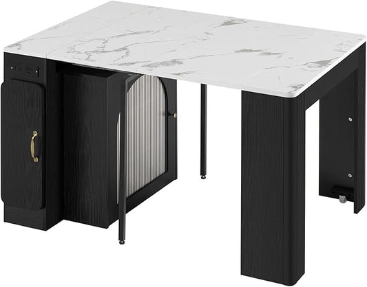 Extendable Dining Table with 3 Removable Middle Leaves - Mobile Rolling Island Table with Power Outlet, Saving-Space Cabinet for Dining and Living Rooms (Black and Marble White)