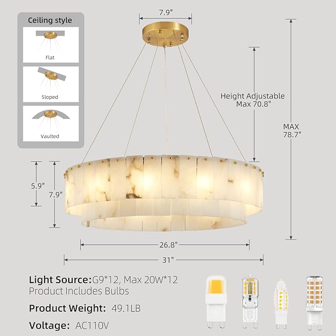 Lanhall Spanish Alabaster Chandelier, 2 Tiers Brushed Brass Modern Chandeliers for Dining Room Light Fixture 12-Light Pendant Light Natural Marble Chandelier for Kitchen Bedroom Living Room Foyer