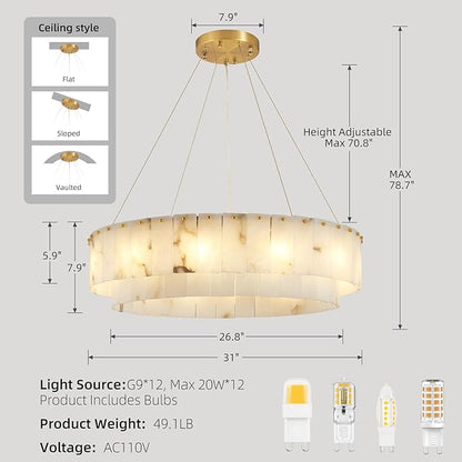 Lanhall Spanish Alabaster Chandelier, 2 Tiers Brushed Brass Modern Chandeliers for Dining Room Light Fixture 12-Light Pendant Light Natural Marble Chandelier for Kitchen Bedroom Living Room Foyer