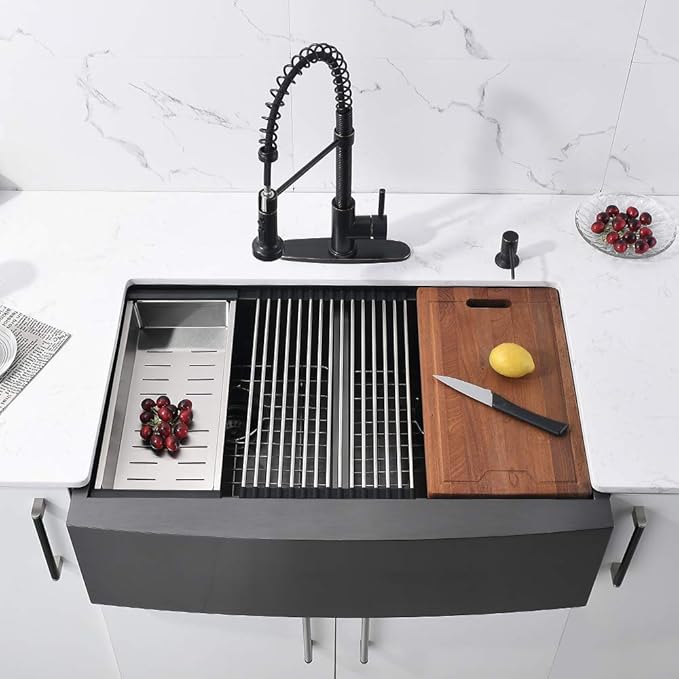 33 Inch Black Double Bowl Farmhouse Sink Workstation, 16 Gauge Stainless Steel 50/50 Double Bowl Kitchen Sink, 33x22 Farmhouse Apron Front Low Divided Farm Sink