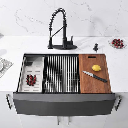 33 Inch Black Double Bowl Farmhouse Sink Workstation, 16 Gauge Stainless Steel 50/50 Double Bowl Kitchen Sink, 33x22 Farmhouse Apron Front Low Divided Farm Sink