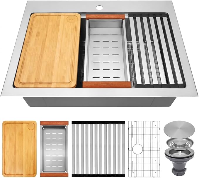 Rhbamoa Drop In Kitchen Sink 31 Inch,16 Gauge T304 Stainless Steel Drop In Kitchen Sinks,Single Bowl Workstation Sink,10 Inch Deep Topmount Sinks with All Accessories