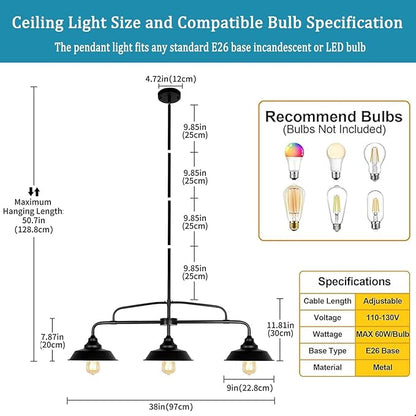 Modern Farmhouse Black Pendant Lighting Fixture, 3-Lights Industrial Linear Chandelier Metal Hanging Lamp for Kitchen Island Dining Room Living Room Hallway Pool Table