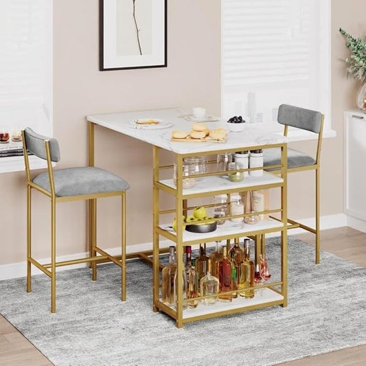 Dining Table Set, with 2 Upholstered Bar Stools, Counter Height Kitchen Table Set with 3 Large Storage Shelves, Modern Bistro Furniture, for Small Space, Apartment, White and Gold