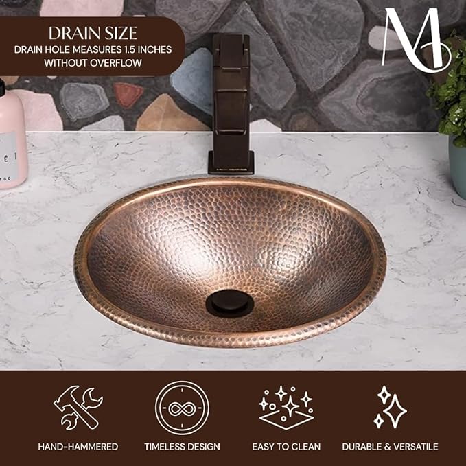 Monarch Abode Bathroom Sink – 17-Inch Oval Drop In Bathroom Sink, Top Mount Hand Hammered Pure Copper Vanity Sinks for Countertop, Powder Room, Guest Bath or Restroom, Drop in Sinks for Bathrooms