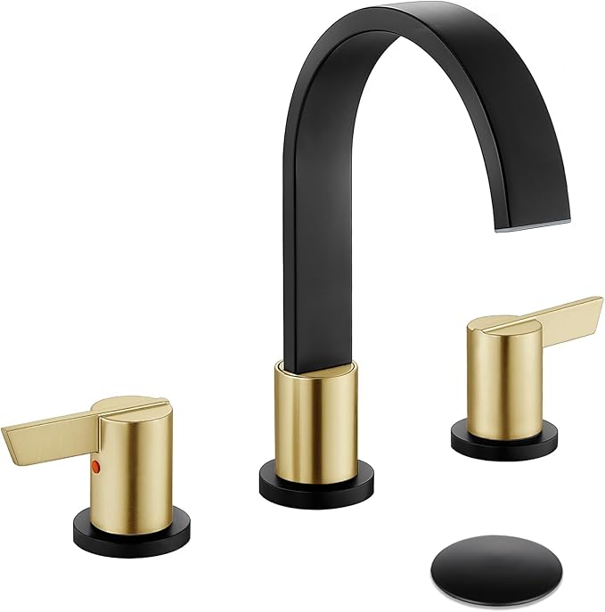 Midanya 8 inch Widespread Bathroom Sink Faucet,Modern Waterfall 3 Hole 2 Handles Bathroom Faucet 8" Vanity Faucets with Pop Up Drain and Water Supply Lines,Matte Black and Brushed Gold Handle