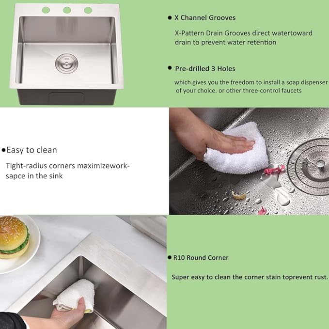 25 Inch Drop in Kitchen sink- 25x20 Inch Kitchen Sink Drop In 16 Gauge Deep Single Bowl Stainless Steel Kitchen Sinks Laundry Utility Sink,3 hole Kitchen Sink