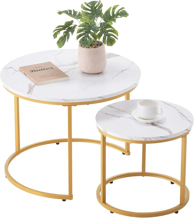 VEVOR Nesting Coffee Table Set of 2, 23.6 in Round Coffee Table, Nesting Tables for Small Place, Vintage End Side Tables Night Stand with Metal Frame, for Living Room, Bedroom, Office (White & Gold)