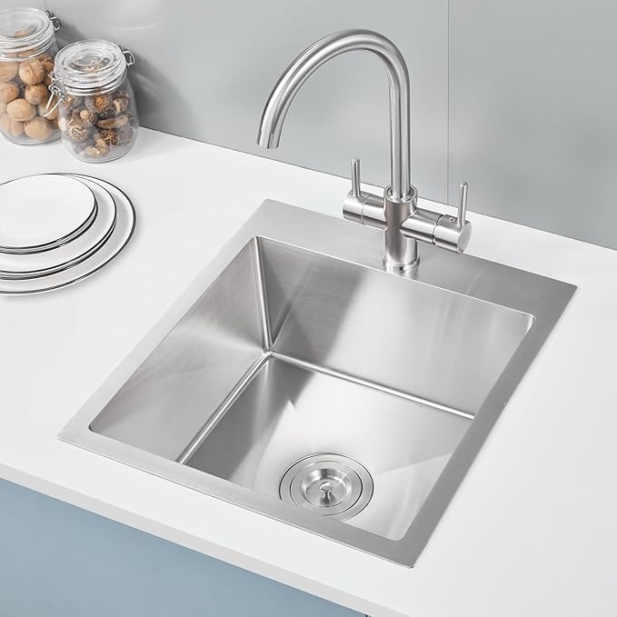 ROVOGO 17"x19"x8" Bar Sink Drop in, Top Mount Kitchen Sink Single Bowl 304 Stainless Steel, Small Wet Bar Prep Sink with 1 Hole, Brushed