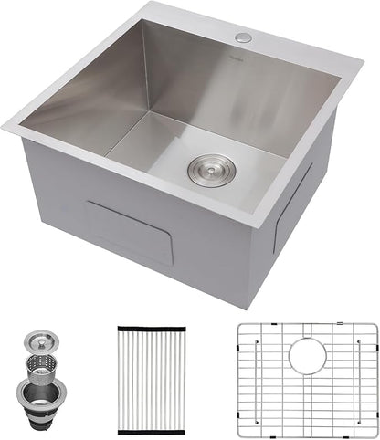 Mocoloo 22 Inch Drop In Laundry Sink - 22 x 22 x 12 Inch Laundry Room Sinks Topmount Kitchen Sinks Stainless Steel Deep Utility Sink 16 Gauge Square Single Bowl Handmade