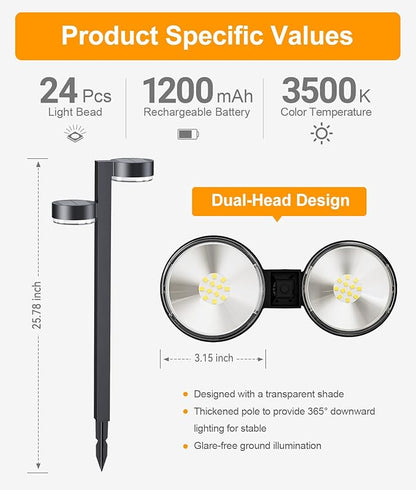 Solar Pathway Lights Outdoor Waterproof, 2 Pack Dual-Head Solar Lights Outdoor, 2X Brighter 24 LED Outdoor Solar Garden Light for Yard Path Walkway Driveway Solar Powered Landscape Lighting