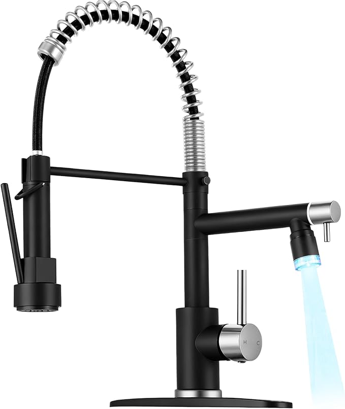 LED Kitchen Faucet with Pull Down Sprayer - Black & Brushed Nickel Single Handle Commercial Kitchen Faucets, 2-Spout Kitchen Sink Faucet, Stainless Steel Spring Pull Out Sink Faucet 1/3 Hole