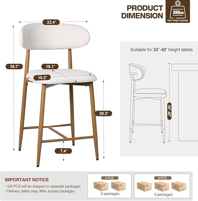 Counter Height Bar Stools Set of 4, Kitchen Bar Stools with Back, Mid Century Modern Upholstered, with Metal Legs for Kitchen Island Dining Room