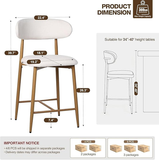 Counter Height Bar Stools Set of 4, Kitchen Bar Stools with Back, Mid Century Modern Upholstered, with Metal Legs for Kitchen Island Dining Room