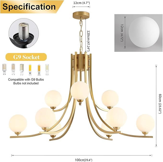 Glass Globe Chandeliers for Dining Room，12-Light Gold Sputnik Light Fixture Milk White Globe Glass Modern Chandeliers for Living Room Kitchen Light Fixture
