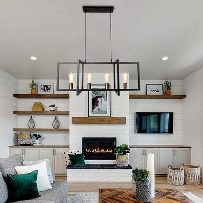 Modern Black Farmhouse Chandeliers Dining Room Light Fixture, Linear Rectangular Kitchen Island Lighting, Industrial Vintage Pendant Lighting with 4-Light Socket Height Adjustable